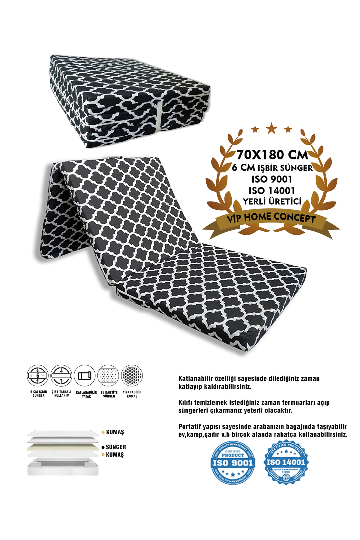 Lit de sol pliant et matelas pliant en mousse simple 6 cm Grand Karaçatı