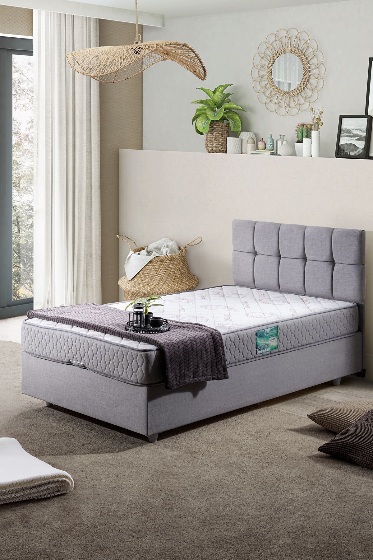 Ensemble de lit Berlin avec sommier simple et tête de lit Comfort, gris clair