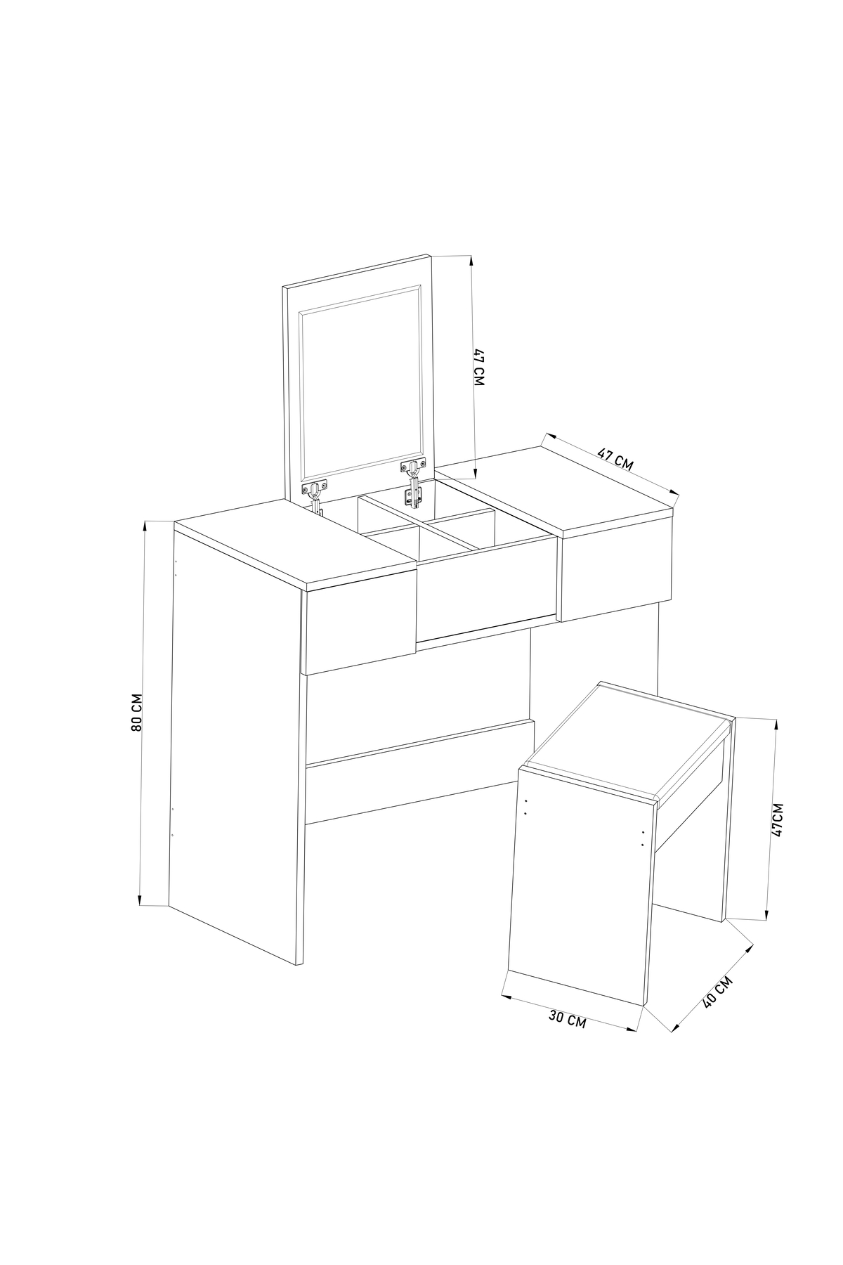 B Anka Vanity Dressing Table with Mirror, Drawers, and Ottoman, White Bedroom Organizer