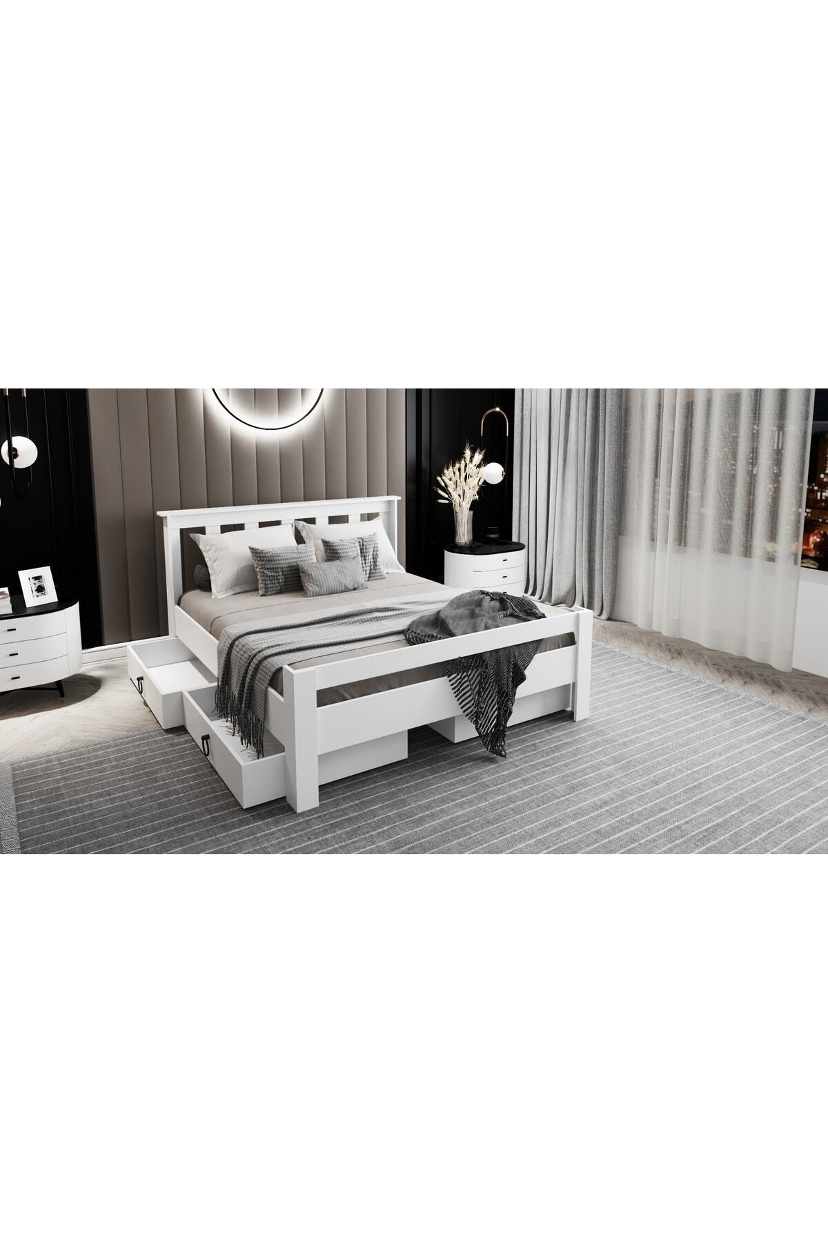 Lit double Arya compatible avec matelas, en MDF blanc avec tiroirs Maçy-1