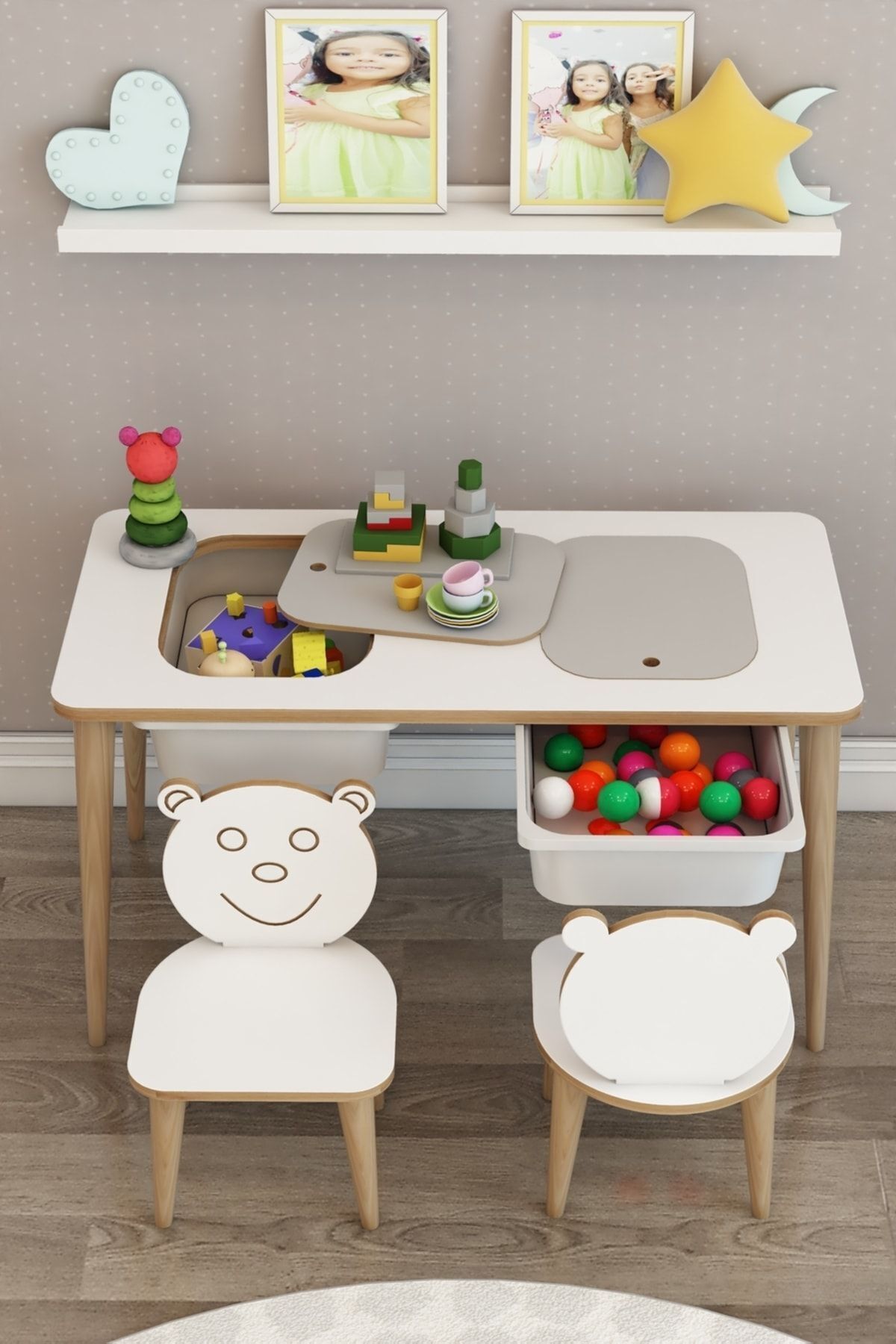 Bureau pour enfant, table de jeu et d'activités, table double avec chaises, usage été et hiver
