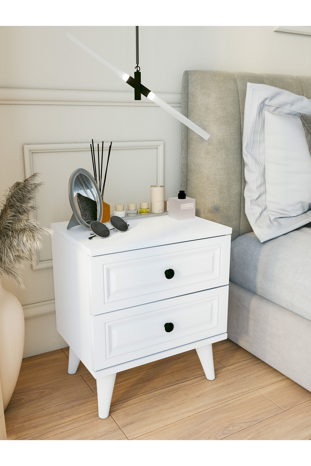 Table de chevet blanche brillante avec tiroirs de style campagne pour chambre à coucher