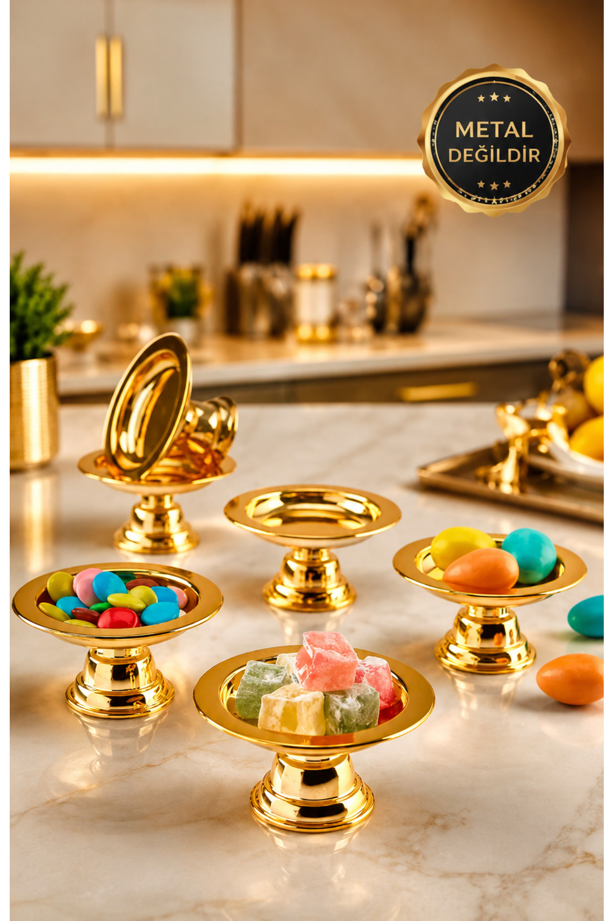 Set de 6 macarons décoratif en acrylique, revêtement doré, pour café, présentation, loukoum, luxe