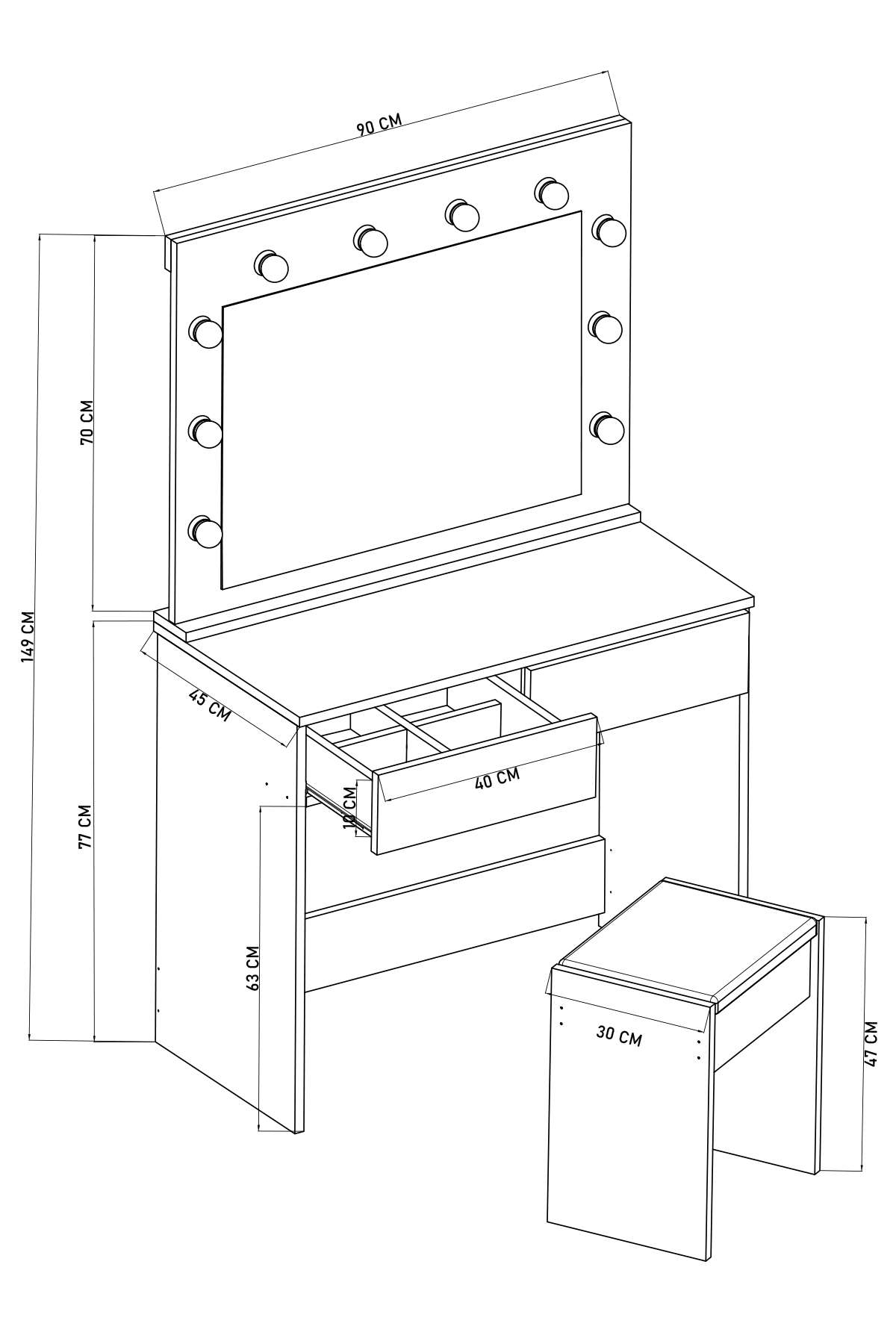 B LED Lighted Mirror Organizer Makeup Table with Stool, Compartmentalized Drawer Cosmetic Table