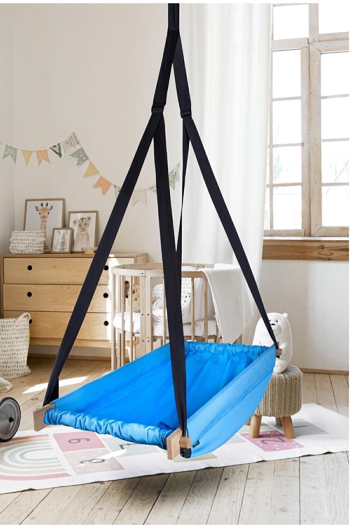 Hamac à ressort en bois bleu Flow Hoppala lit de bébé suspendu au plafond balançoire