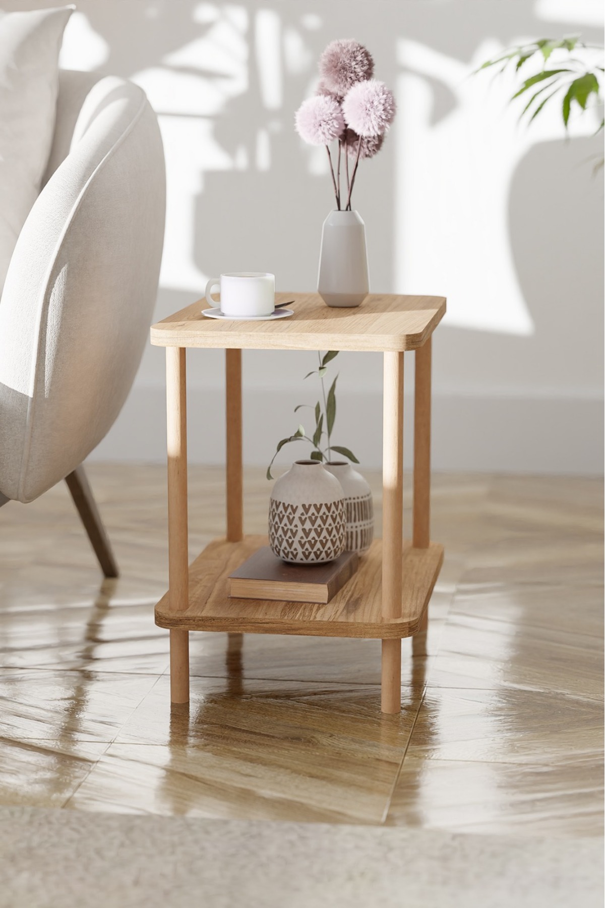 Table d'appoint latérale à 2 étagères avec large porte-journaux, bibliothèque, support pour fleurs, table de chevet, table de chevet polyvalente