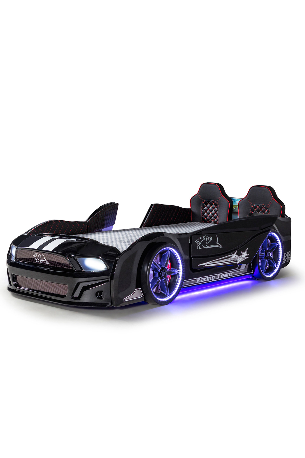 Letto con carrello nero, porte apribili, Mustang completo di luci LED, telecomando e musica