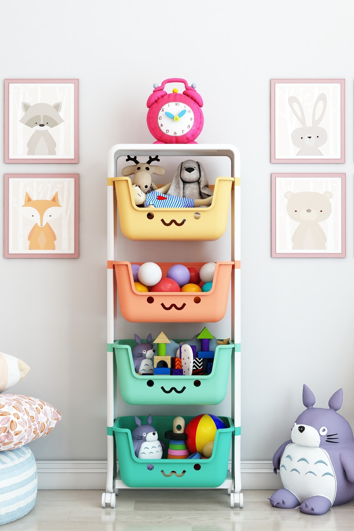 Armoire à jouets à 4 niveaux, organisateur de jouets, armoire à jouets avec panier